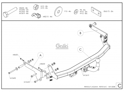 Фаркоп оцинкованный Galia шар BMA съёмный на лифтбек для Renault Laguna 2 2001-2007